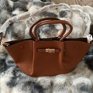 Structured Brown Leatherette Crossbody Handbag with Top Handles